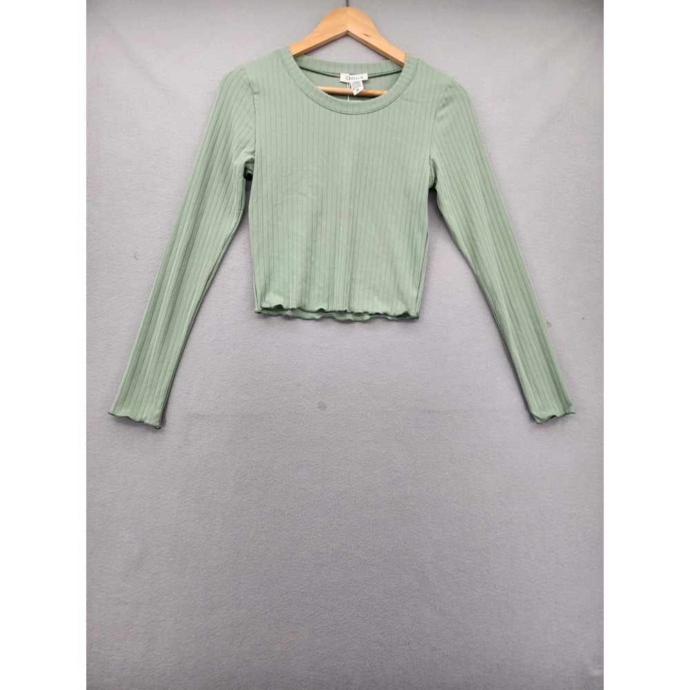 Capella Sage Green Ribbed Crop Top Long Sleeve Lettuce Edge Knit Shirt Med New